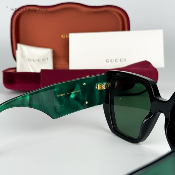 NEW Gucci GG0956S LOGO 001 Black Gold Green Rectangle Oversized Unisex Sunglasse - Picture 6 of 11